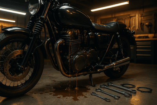 Motosiklet Neden Yağ Kaçırır? (Nedenleri, Belirtileri ve Çözümleri) - Öne Çıkan Görsel (AI ile Oluşturuldu)