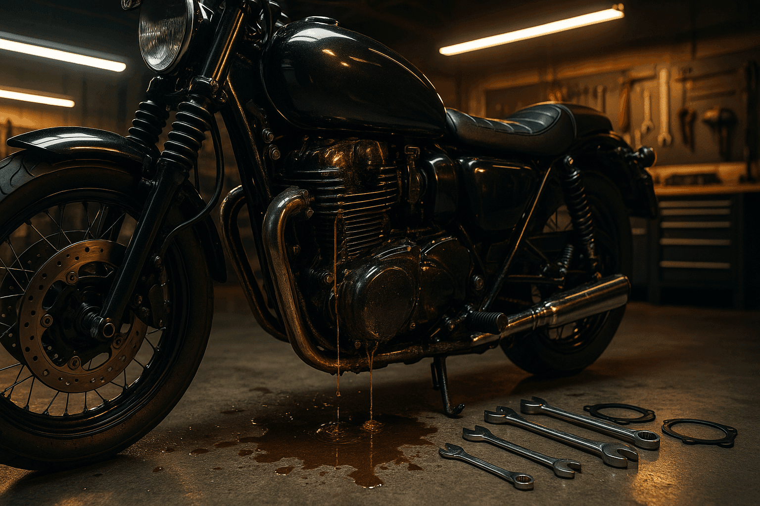 Motosiklet Neden Yağ Kaçırır? (Nedenleri, Belirtileri ve Çözümleri) - Öne Çıkan Görsel (AI ile Oluşturuldu)