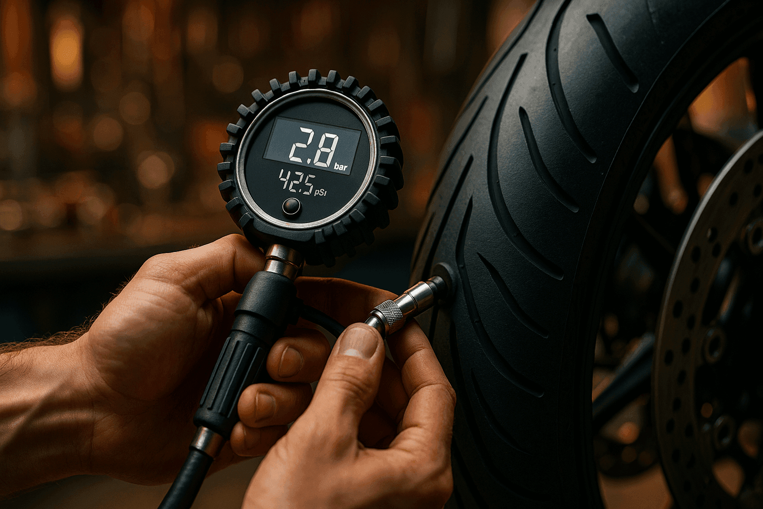 Motosiklet Lastiği Basıncı Kaç Olmalı? (Bar/PSI) - İçerik Görseli (AI ile Oluşturuldu)