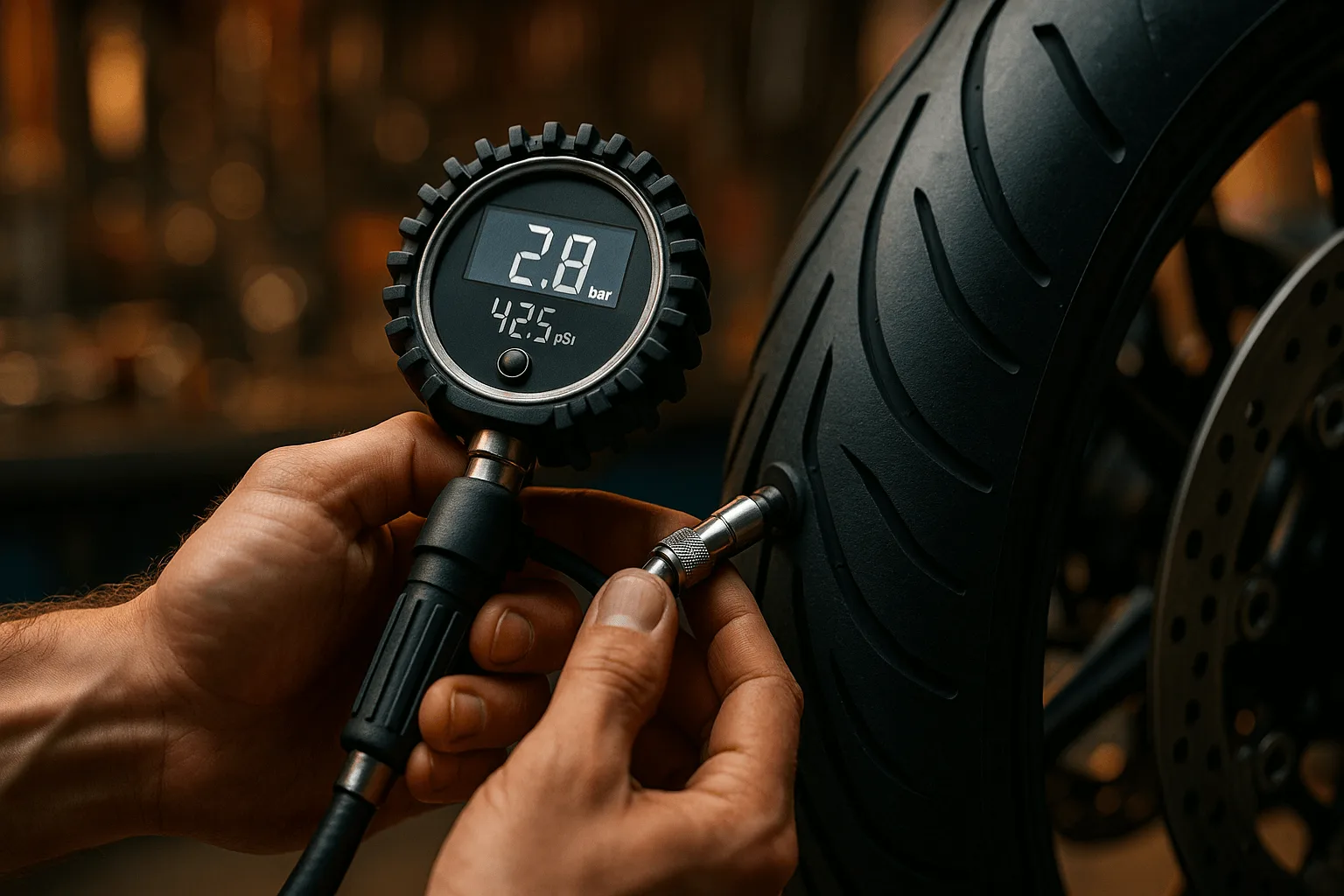 Motosiklet Lastiği Basıncı Kaç Olmalı? (Bar/PSI) - İçerik Görseli (AI ile Oluşturuldu)