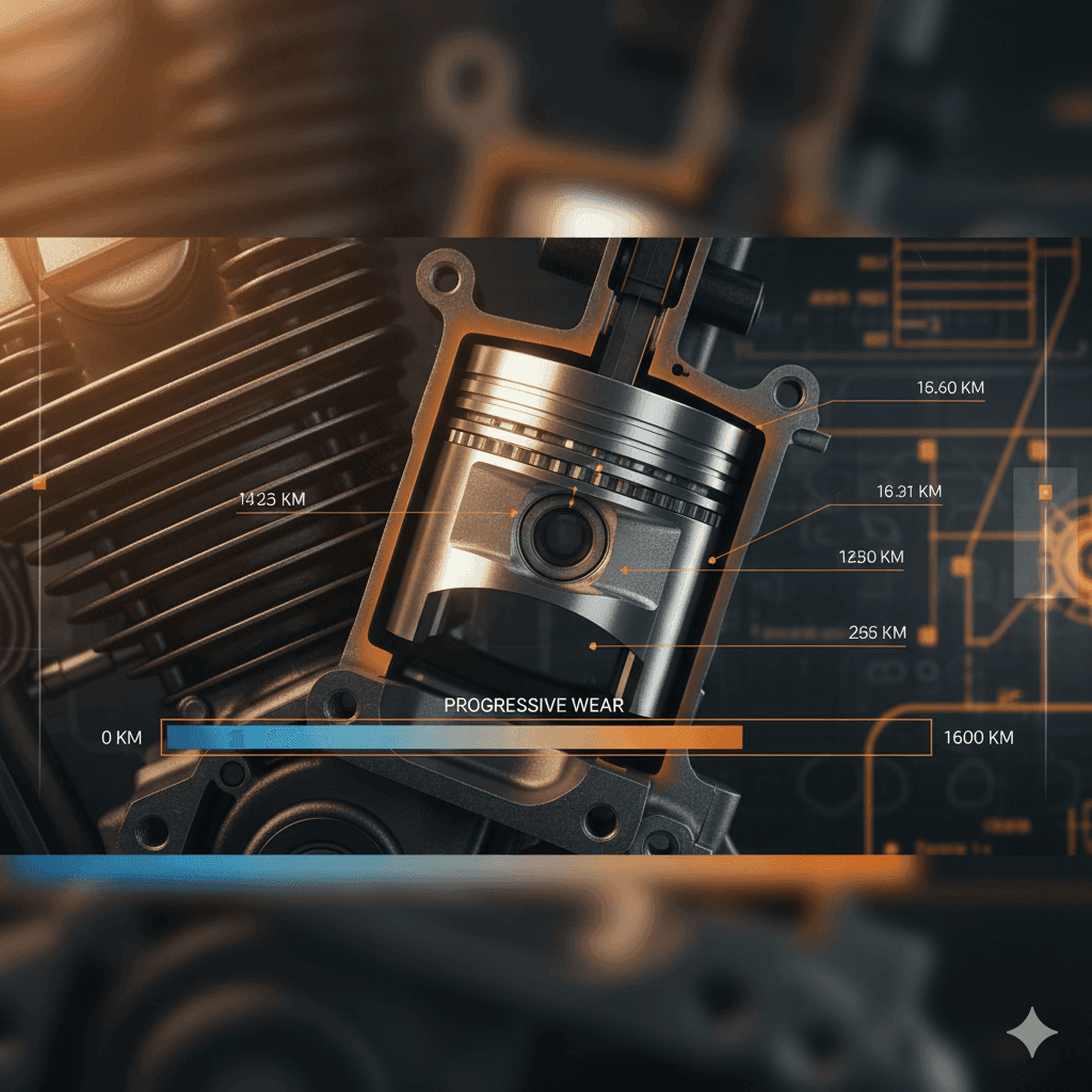 Motosiklet motorunun piston ve silindir kesiti rodaj sürecindeki aşamaları 0'dan 1600 kilometreye kadar gösteriyor.