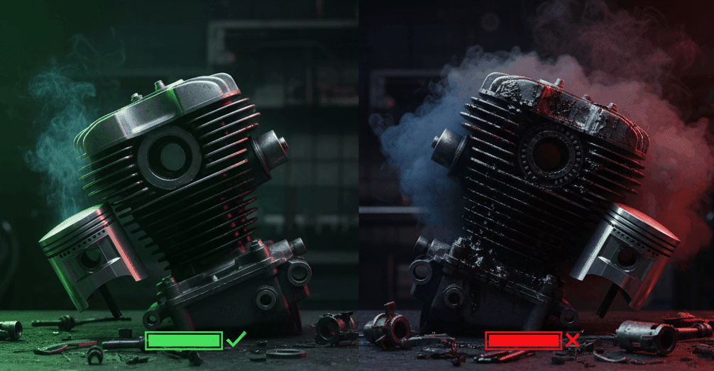 Soldaki yeşil ışıkta sağlıklı rodaj yapılmış motor, sağdaki kırmızı ışıkta hasarlı motor karşılaştırması.