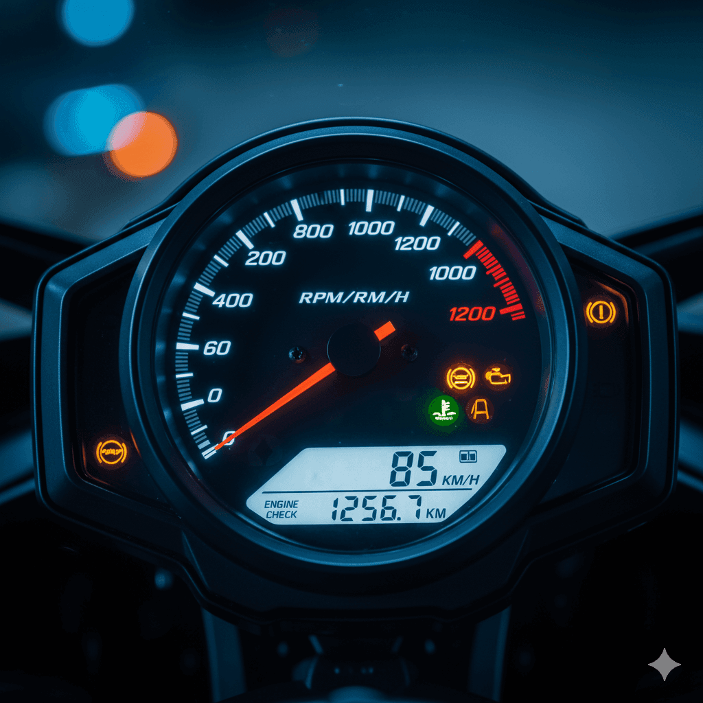 Motosiklet gösterge panelinde devir saati 1256 kilometrede rodaj sürecinin ortasını gösteriyor.