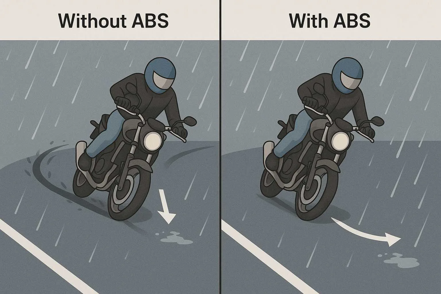 Yağmurlu virajda ABS'siz motosiklette ön teker kilitlenip kayarken, ABS'li motosiklette tekerlek yuvarlanarak çizgi korunuyor.