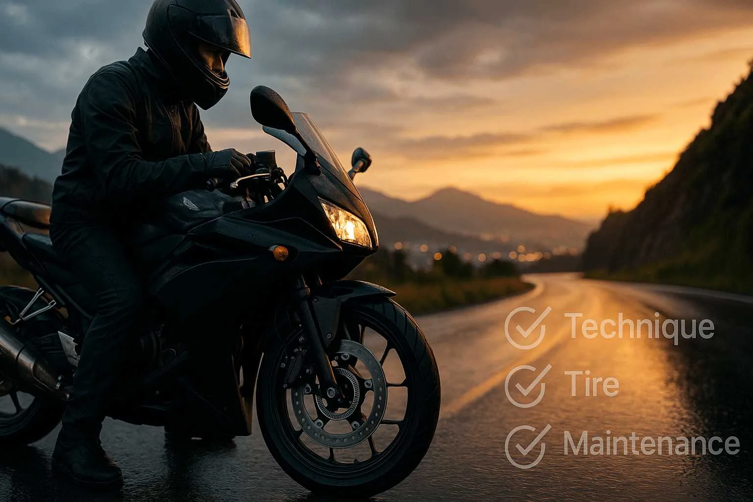 Gün batımında ıslak dağ yolunda duran siyah motosiklet ve sürücüsü; ön teker ve fren diski net, arka planda kıvrımlı yol. Sağda “Teknik–Lastik–Bakım” simgeleri.
