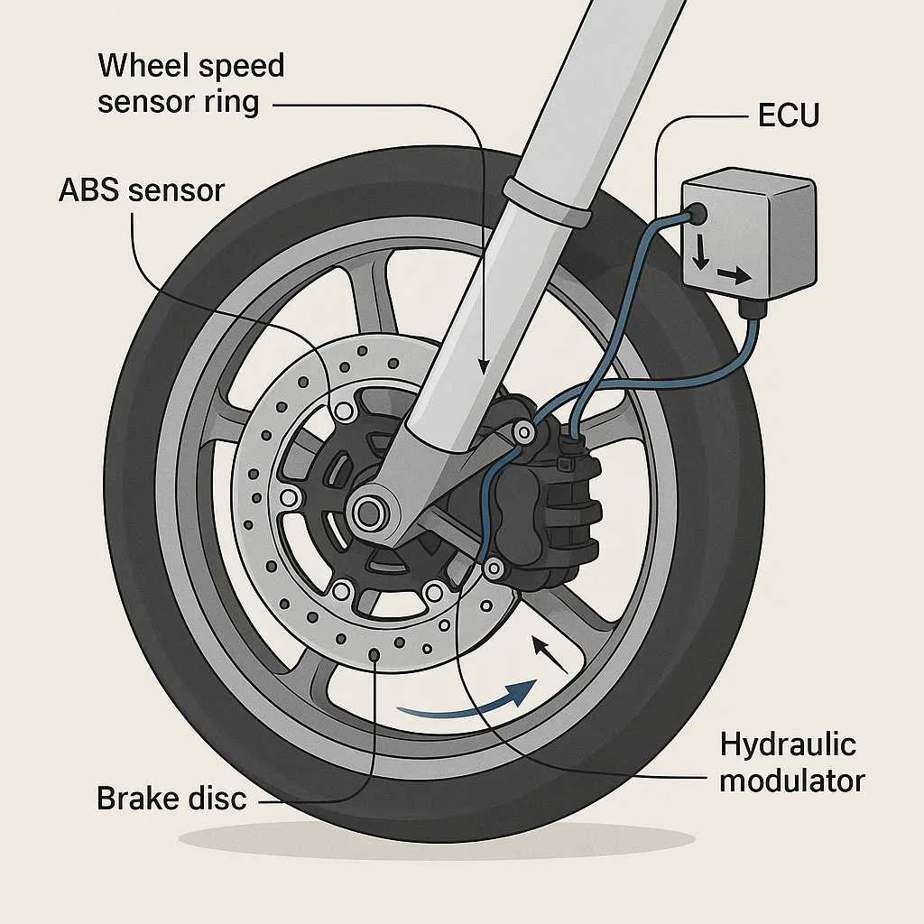 Motosiklet ön tekeri üzerinde ABS sensörü, sensör halkası, hidrolik modülatör ve ECU bileşenlerini gösteren basit görsel şema.
