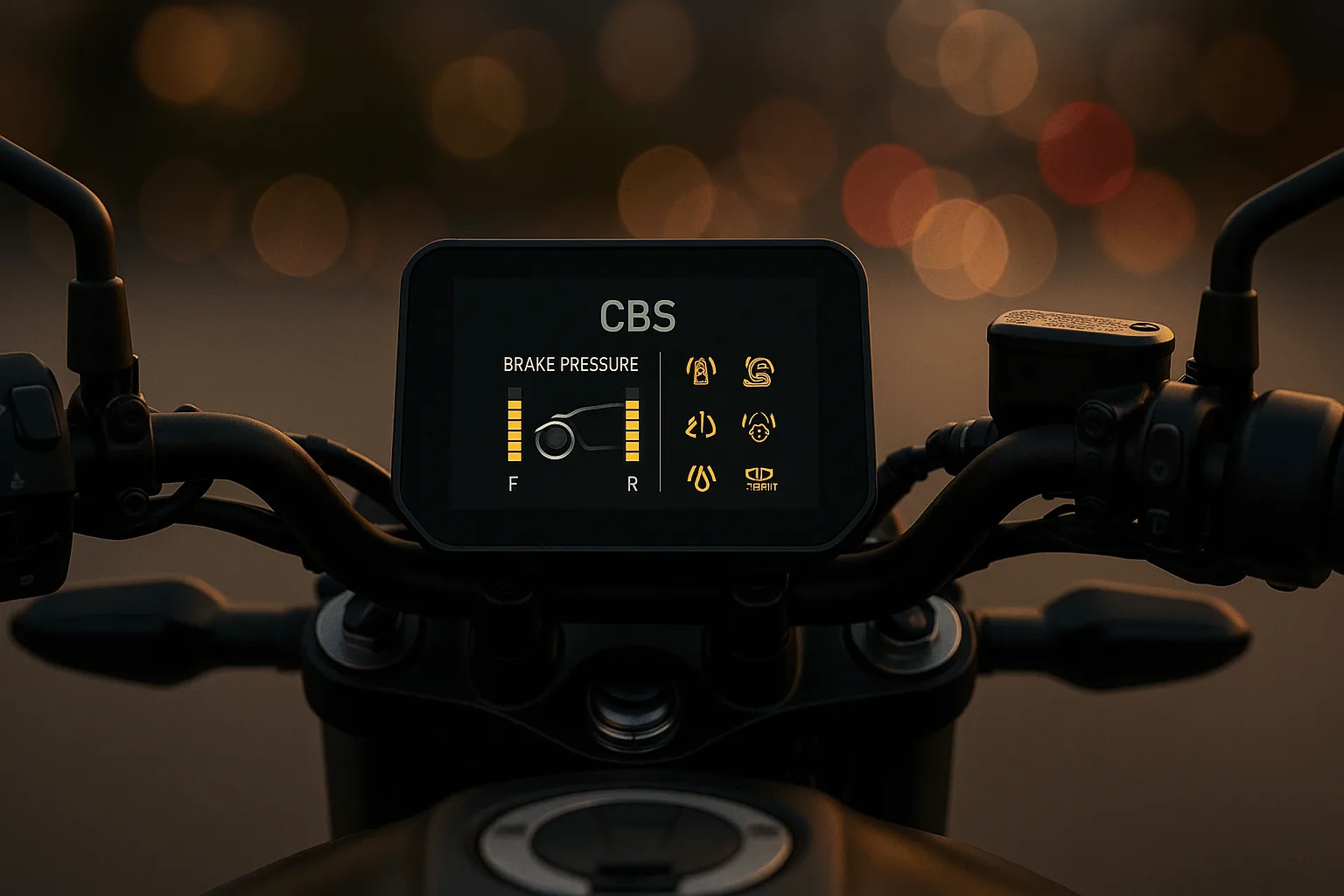 Modern motosiklette CBS fren sistemi göstergesi ve güvenlik sistemleri kontrol paneli.
