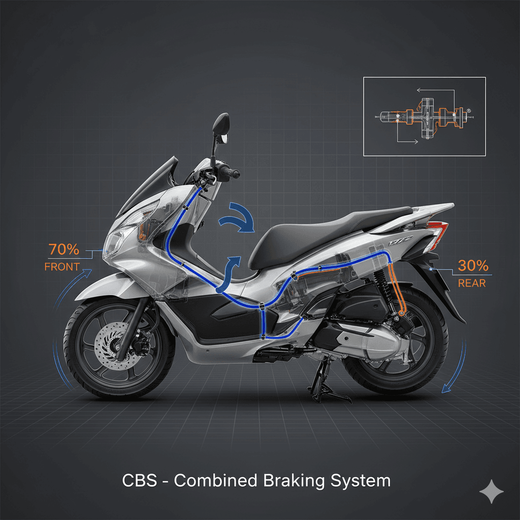 Modern bir motosikletin (Honda PCX125 benzeri) şeffaf yan görünümünü gösteren teknik çizim. Görselde Kombine Fren Sistemi (CBS) bileşenleri, ön ve arka frenlere giden hidrolik hatlar, fren gücü dağılımı (ön %70, arka %30) ve bir CBS valfi şeması detaylı bir şekilde gösterilmiştir.