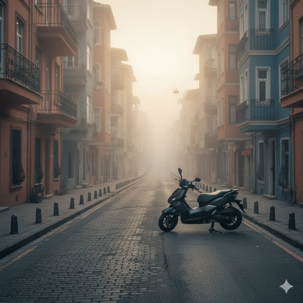 Yokuşlu şehir sokağında park edilmiş 50 cc Scooter, Türkiye şehir içi ulaşım örneği.