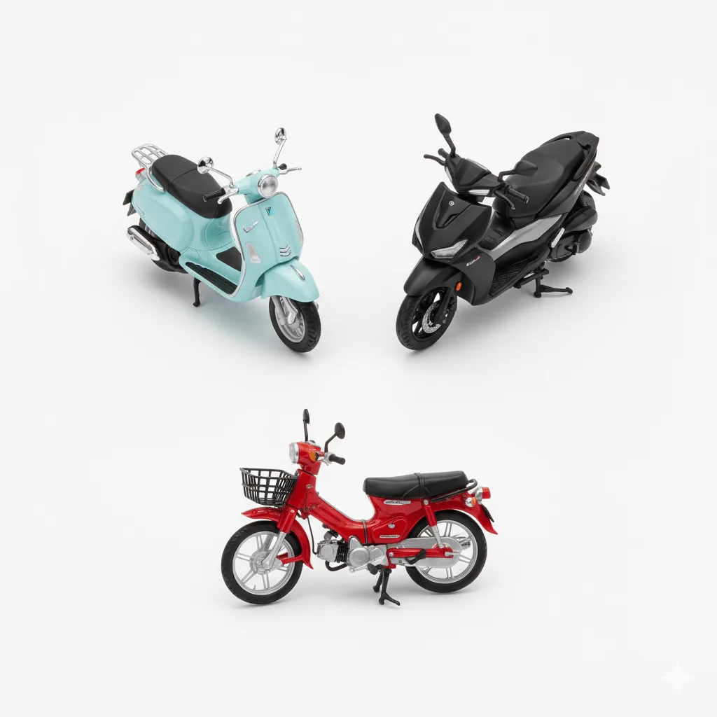 Üç farklı 50 cc motor modeli karşılaştırması; Retro Scooter, modern Scooter ve Underbone tipleri.