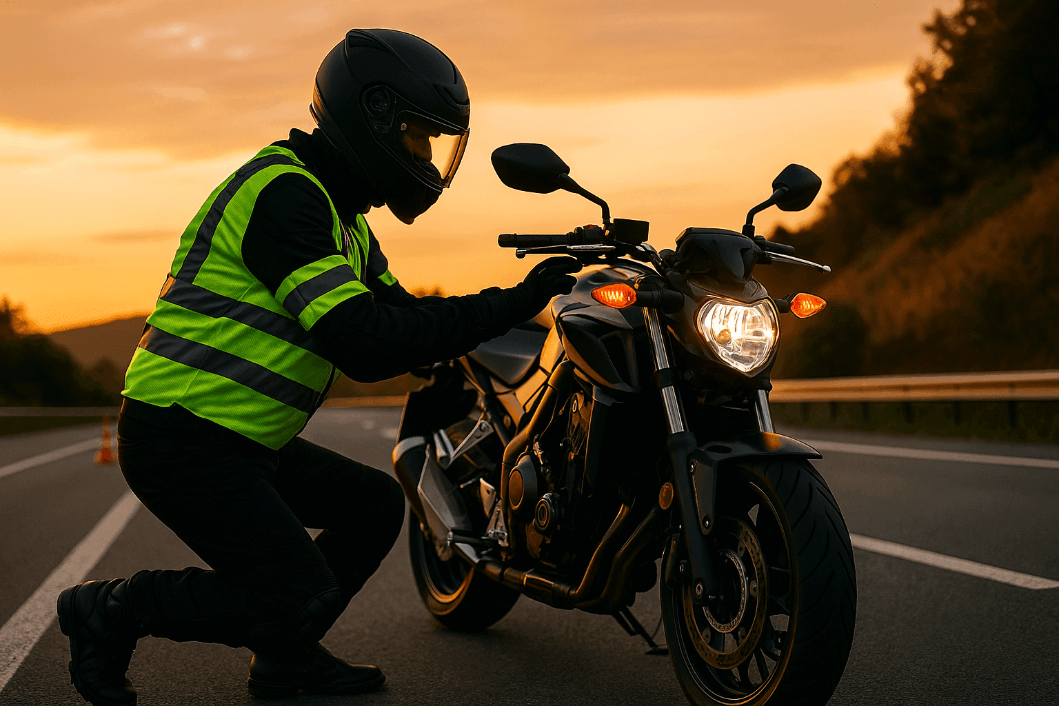 Kask ve koruyucu ekipmanlı motosiklet sürücüsü, açık yolda motosikletinin yanında güvenli şekilde bekliyor; motosiklet trafik sigortası ve yol güvenliği temasında bir görsel.