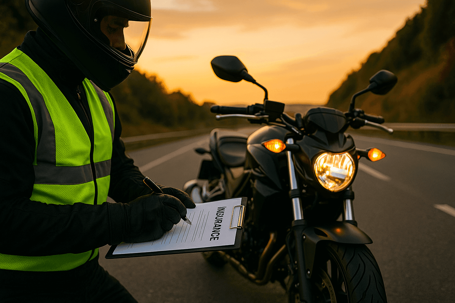 Koruyucu donanımlı sürücü, çift şeritli yolda motosiklet kullanıyor; güvenli sürüş, takip mesafesi ve motosiklet trafik sigortası bilinci vurgusu olan görsel.