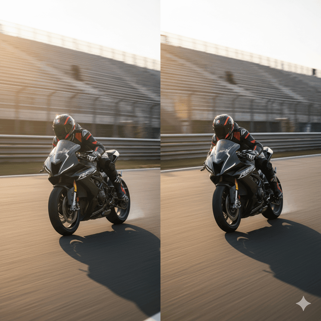 İki sportif motosikletin pist üzerinde hızlanma anında karşılaştırılması; soldaki debriyaj kullanırken sağdaki Quickshifter ile debriyajsız vites değiştirme.