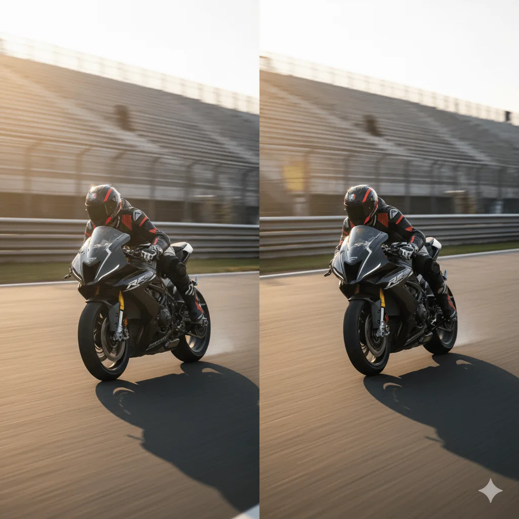 İki sportif motosikletin pist üzerinde hızlanma anında karşılaştırılması; soldaki debriyaj kullanırken sağdaki Quickshifter ile debriyajsız vites değiştirme.