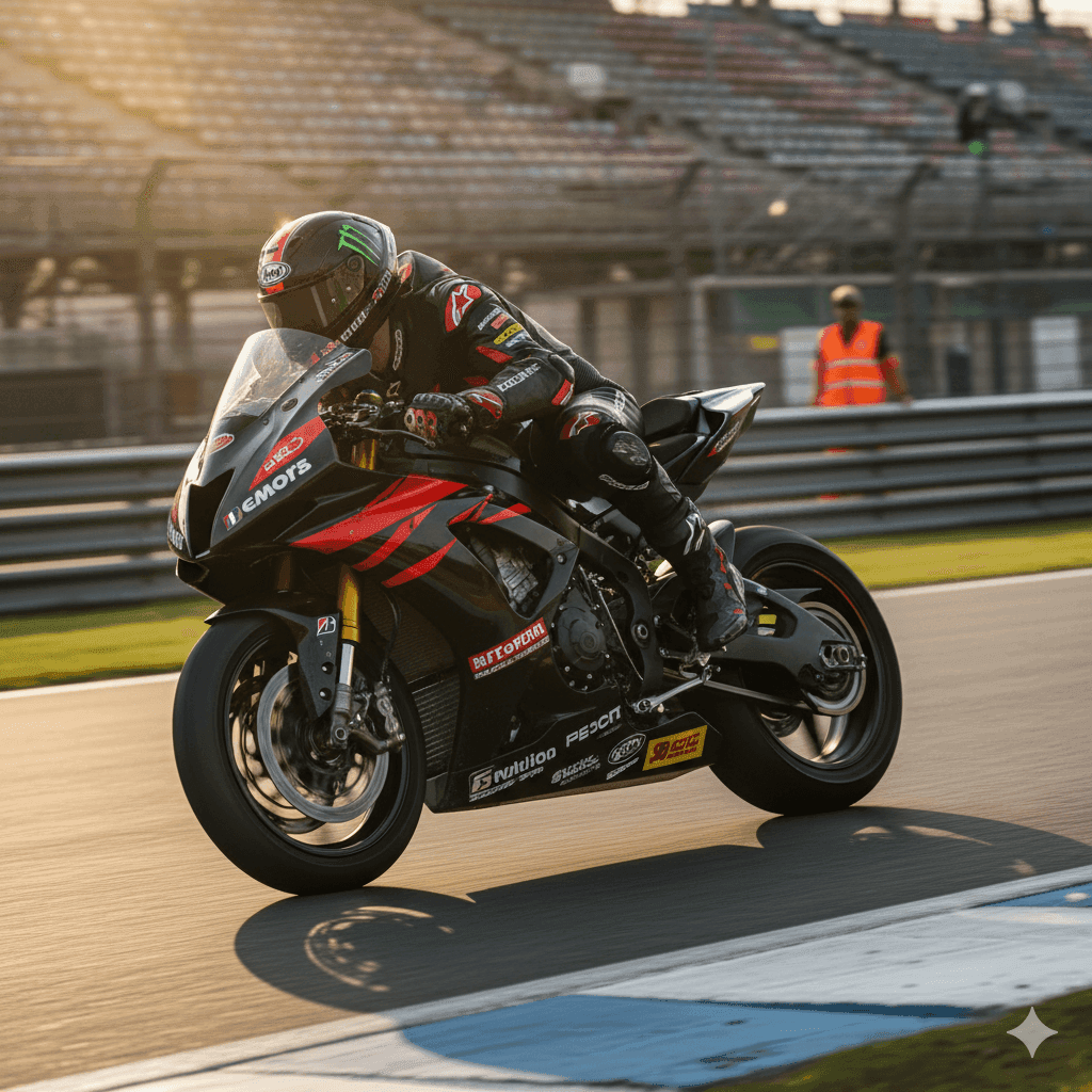 Profesyonel yarış ortamında yüksek eğimli virajdan çıkarken Quickshifter ile hızlanma yapan sportif motosiklet ve sürücüsü.