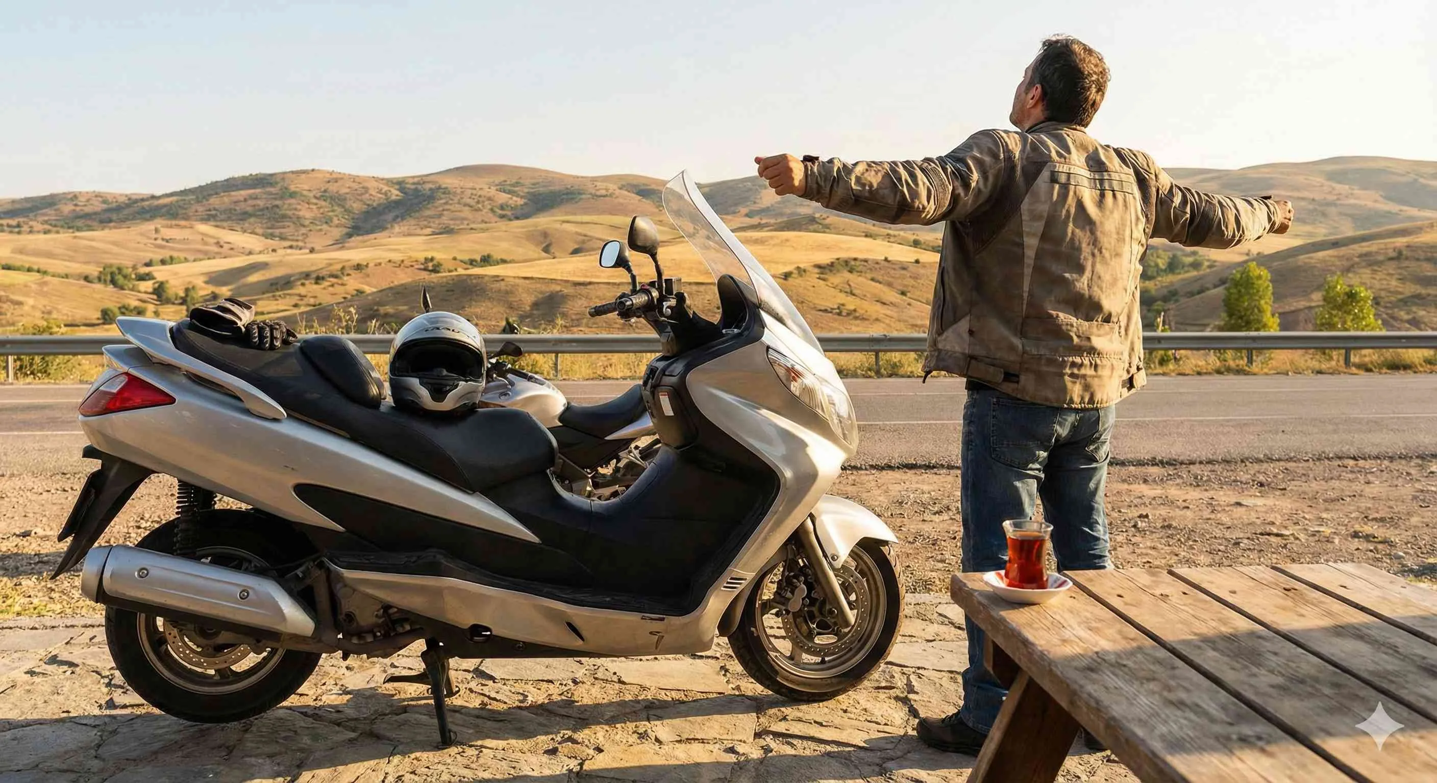 Scooter ile uzun yolda mola veren motosikletli.